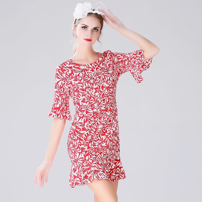 Fashionable Sweet Lotus Leaf Print Round Neck Midi Dress | VoguesUs