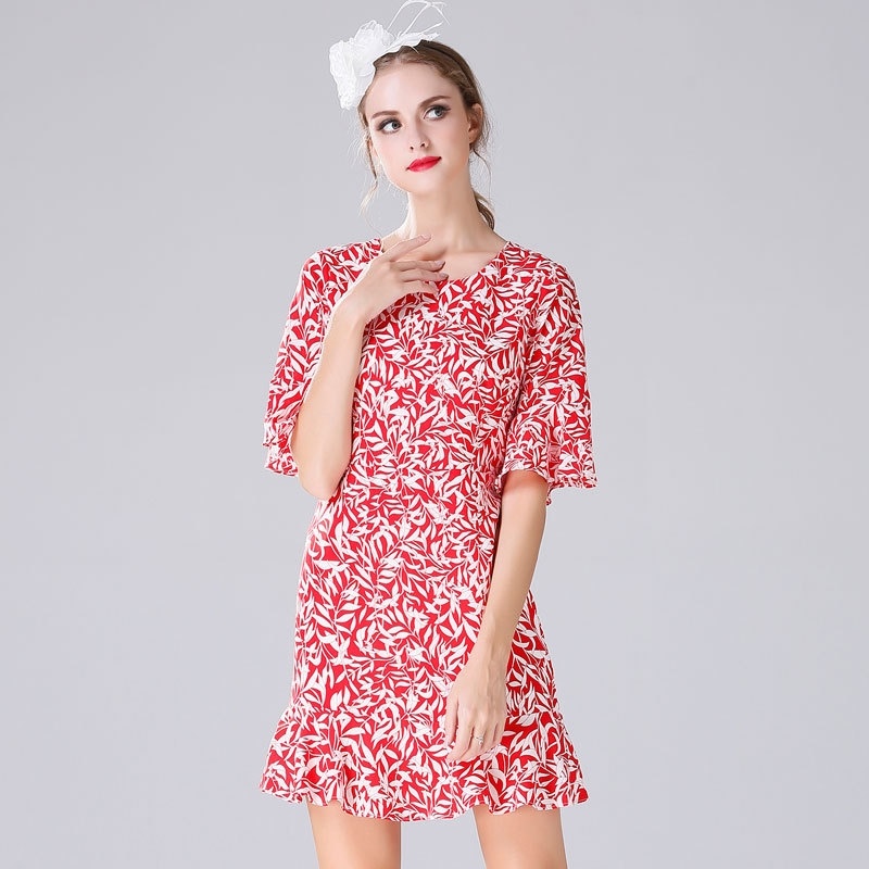 Fashionable Sweet Lotus Leaf Print Round Neck Midi Dress | VoguesUs