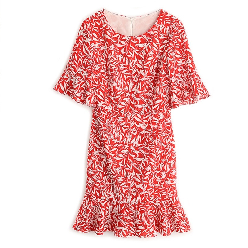 Fashionable Sweet Lotus Leaf Print Round Neck Midi Dress | VoguesUs