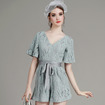 Fashionable V Necklace Lace Floral Romper With Tie Belt