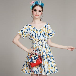 Estilo Dulce Tulip Impresión De Cuello V Vestido Midi