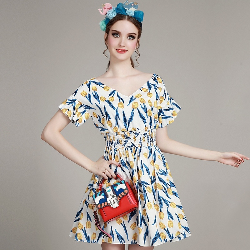 Stylish Sweet Tulip Print V Neck Midi Dress | VoguesUs