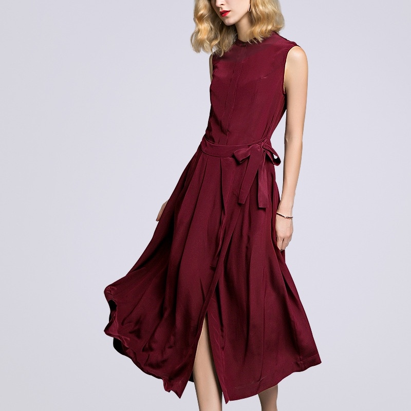 100% Soie Sans Manches Split Maxi Robe Avec Une Cravate À La Taille | VoguesUs