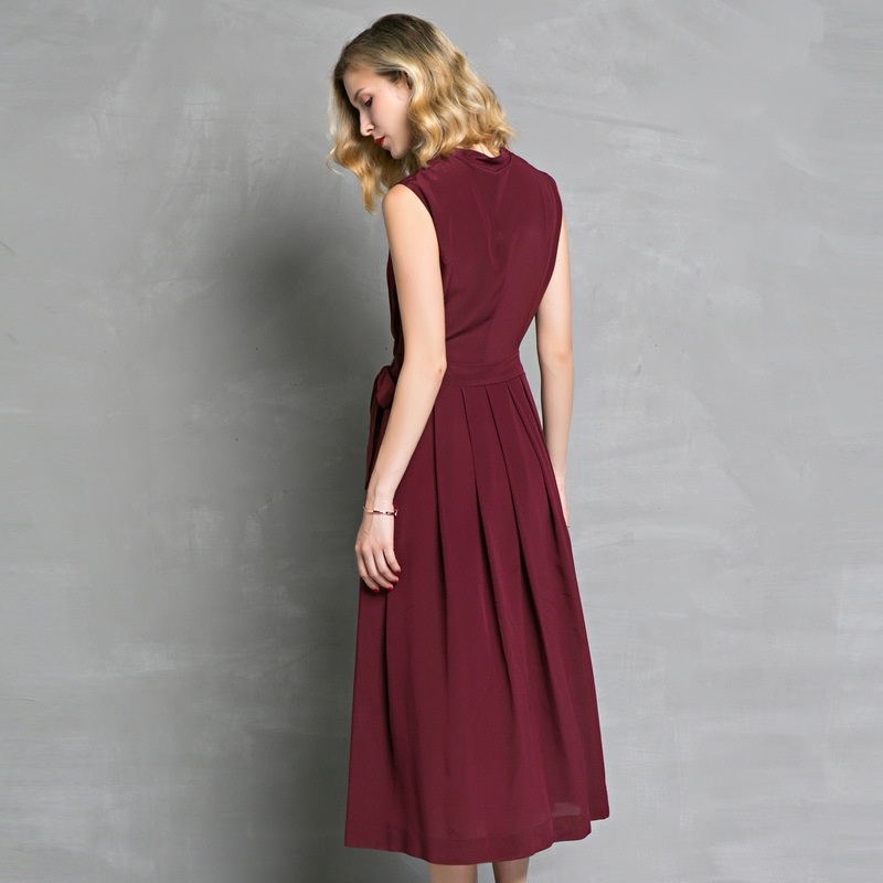 100% De Seda Sin Mangas Split Maxi Vestido Con Lazo En La Cintura