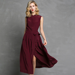 100% Seide Ärmellos Split Maxi Kleid Mit Krawatte-Taille | VoguesUs