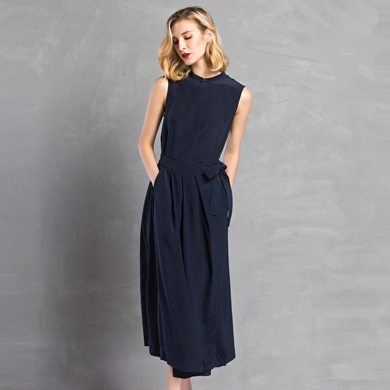 100% Soie Sans Manches Split Maxi Robe Avec Une Cravate À La Taille | VoguesUs
