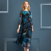 Exquisite Elegant 3/4 Sleeve A Line Navy Pint Midi Dress In 100% Silk