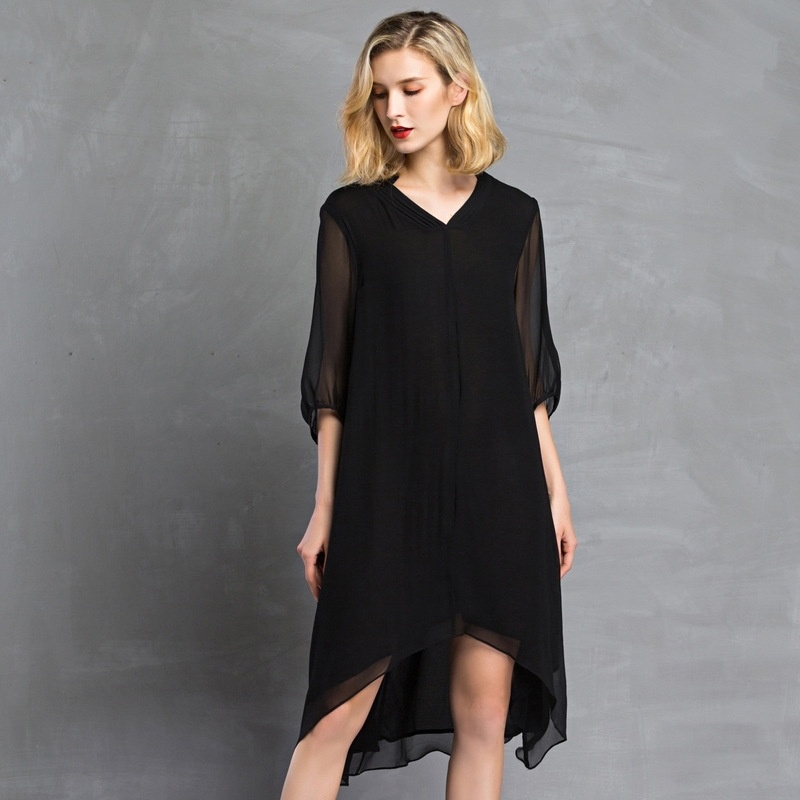 Oversize Moitié Manches Col En V Ourlet Asymétrique Midi Robe En 100% Soie
