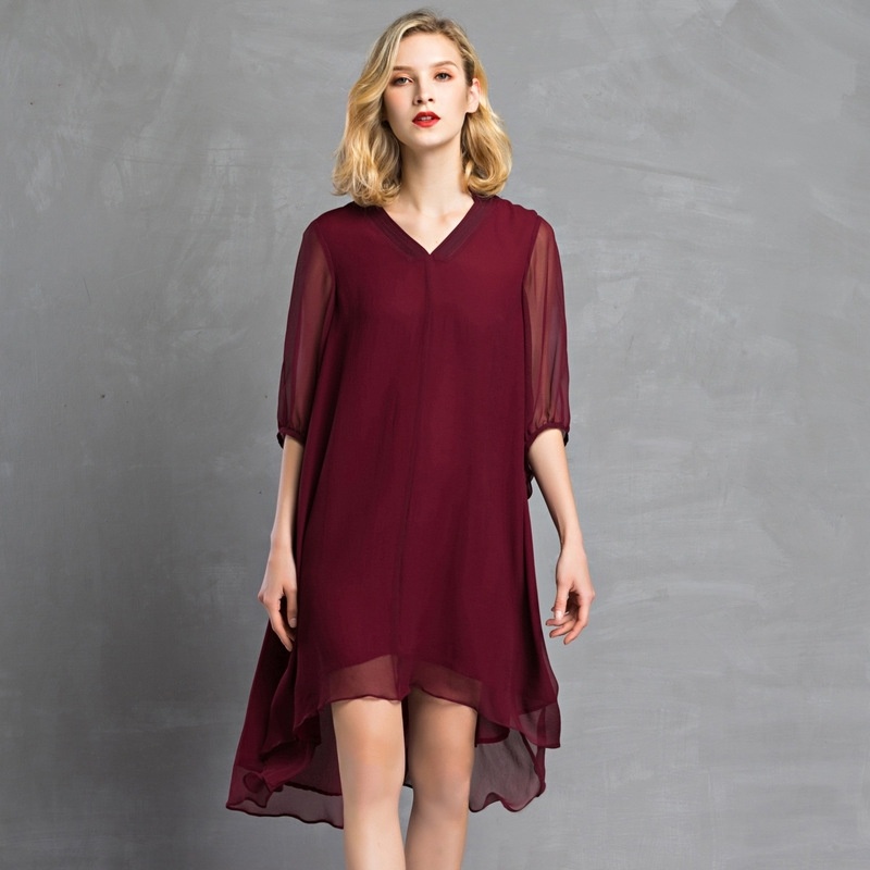 Oversize Half Sleeve V Neck Asymmetrical Hem Midi Dress In 100% Silk