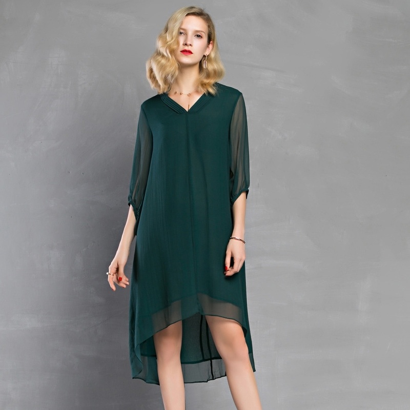 Oversize Half Sleeve V Neck Asymmetrical Hem Midi Dress In 100% Silk
