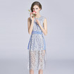 Elegant Floral Lace Mesh Sleevless Midi Skinny Dress With Tie Waist