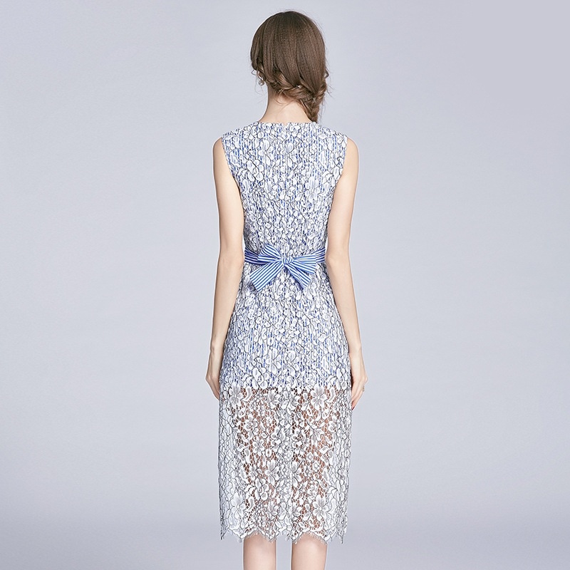 Elegant Floral Lace Mesh Sleevless Midi Skinny Dress With Tie Waist |