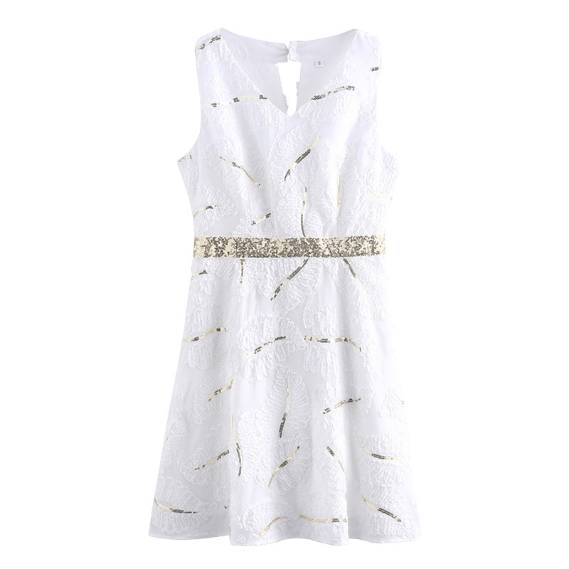 White V Neck Sleeves A Line Dress With Skinny Detail | VoguesUs