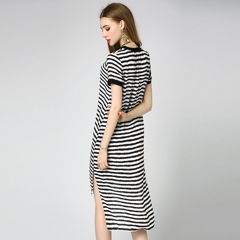 La Morera De Seda De Manga Corta De Rayas Vestido Midi Con Alta Baja