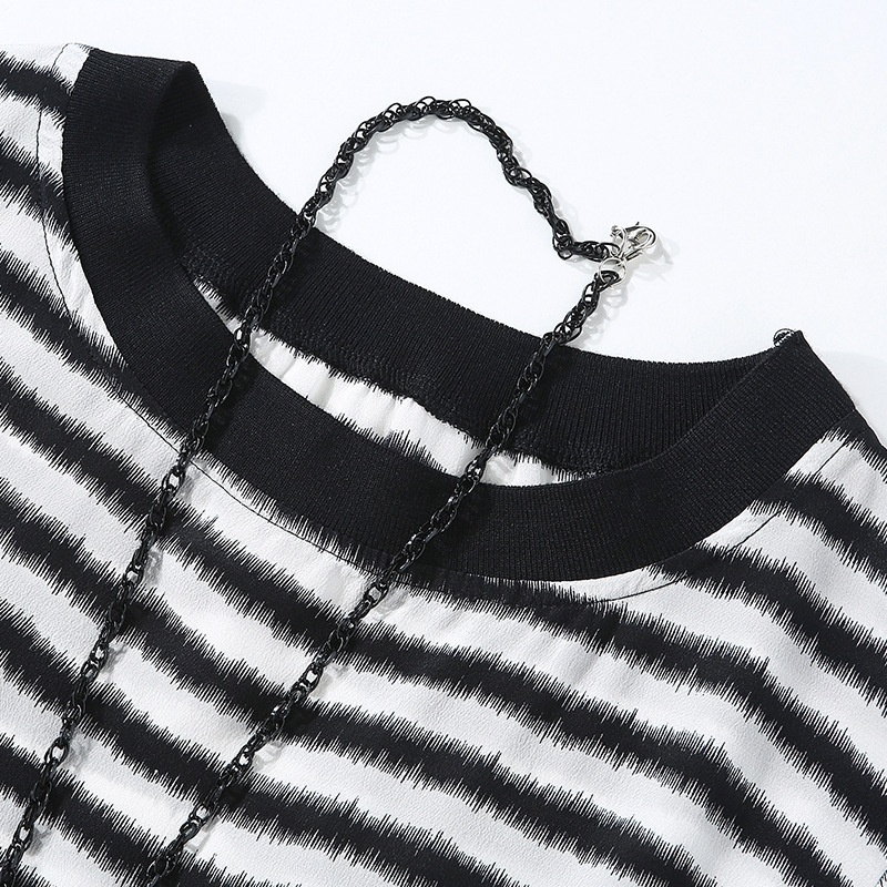 Mûrier Soie À Manches Courtes Stripe Midi Robe Avec Haut Bas De L'Ourlet |