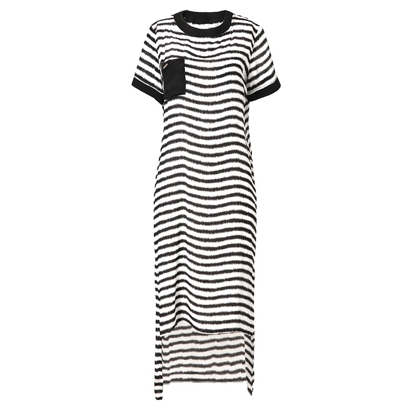 Mulberry Silk Short Sleeve Stripe Midi Dress With High Low Hem |