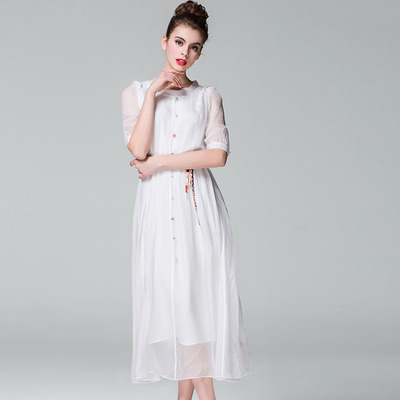 Blanc Col Rond Manches En Soie Taille Robe | VoguesUs