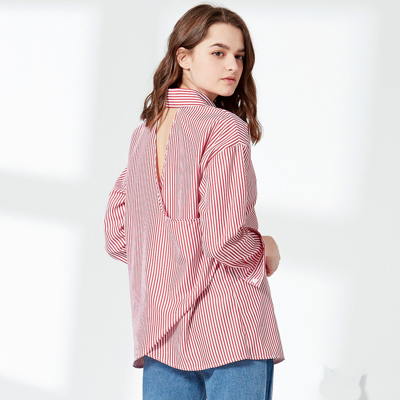 Simple Casual Long Sleeve Cherry Embroidered Stripe Shirt With V Back