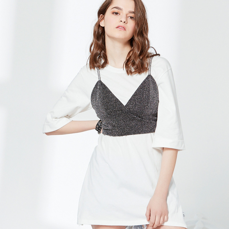 Half Sleeve White A Line Mini Dress With Silver Bra Top | VoguesUs