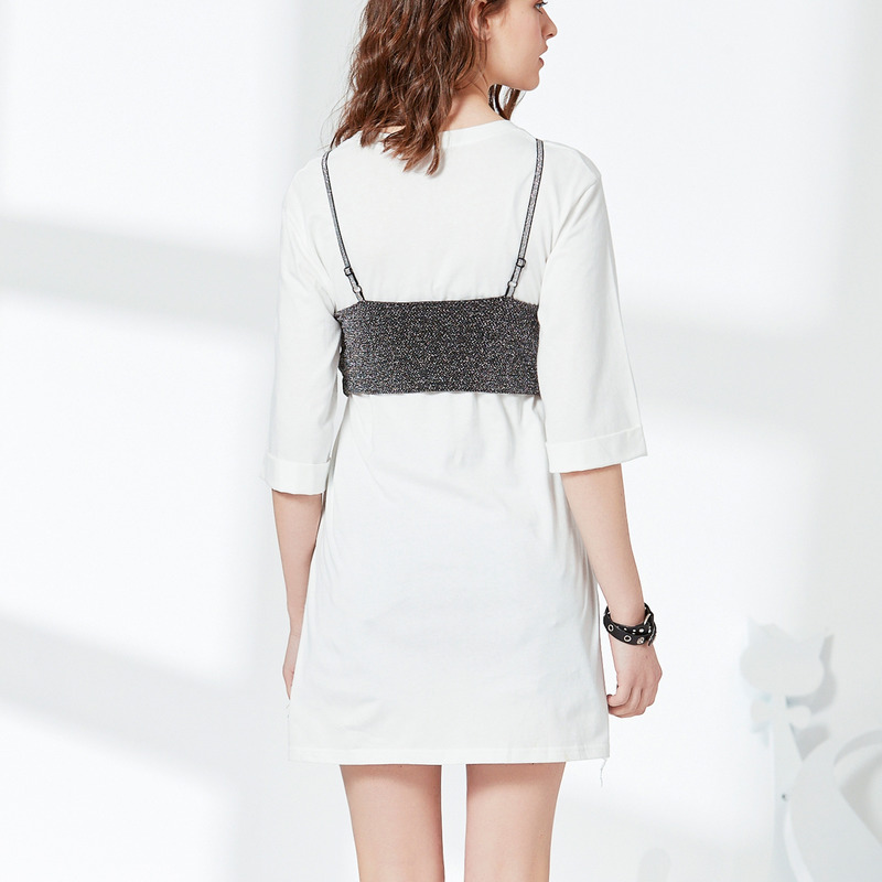 Demi Manche Blanche Une Ligne Mini Robe Avec De L'Argent Brassière | VoguesUs