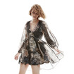 Eleganz V-Ausschnitt-Mesh-Layered A-Linie-Print-Kleid Mit Rüschen Saum