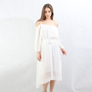 Dulce, Elegante, Fuera Del Hombro Vestido Midi Con Patrón De Puntos