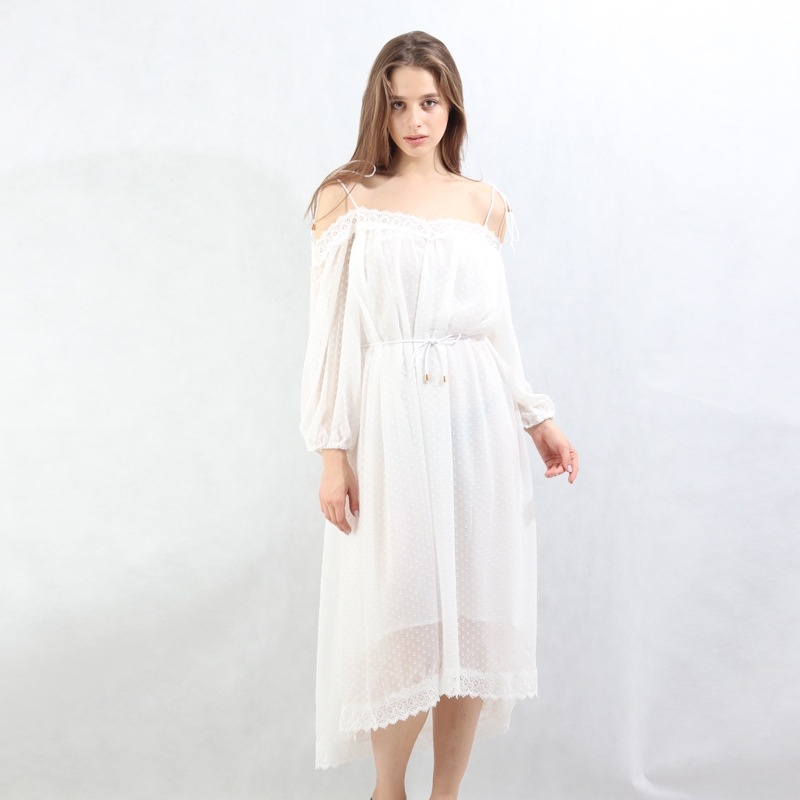 Doux Élégant Hors De L'Épaule Robe Midi Avec Motif De Points | VoguesUs