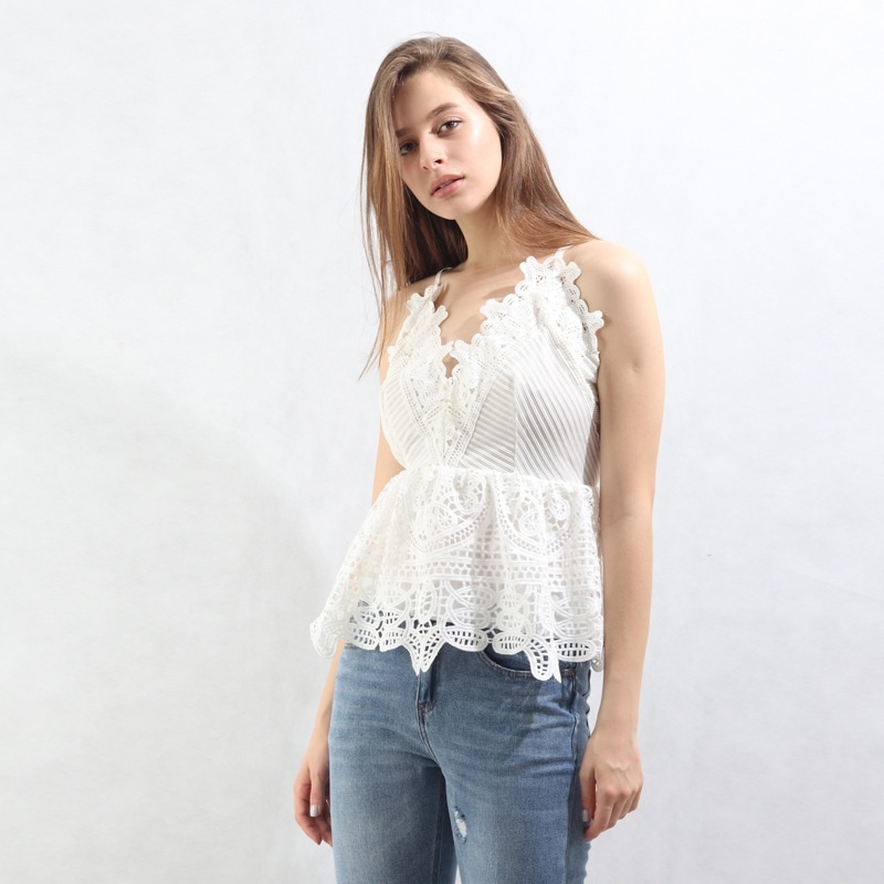 Mode Die Kalte Schulter Tiefen V-Korsett-Taille Bluse Mit Cutwork Detail