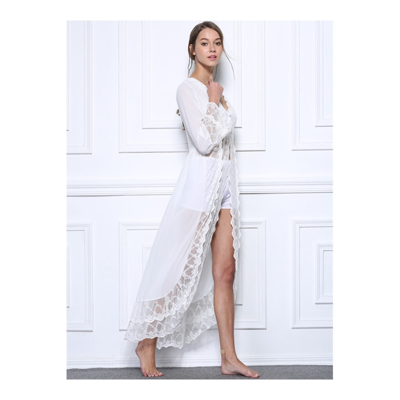 Sexy White Lace Mesh-Lange Ärmel-Maxi-Kleid | VoguesUs