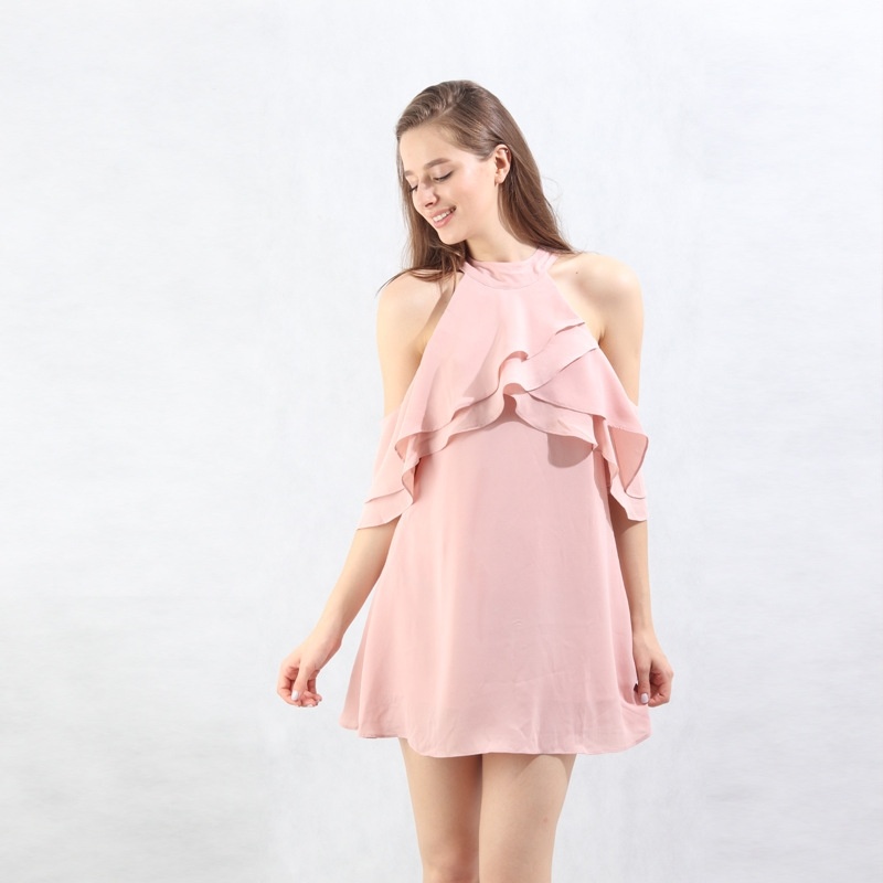 Moda Rosa Frío Hombro Vestido Midi Con Volante Frontal