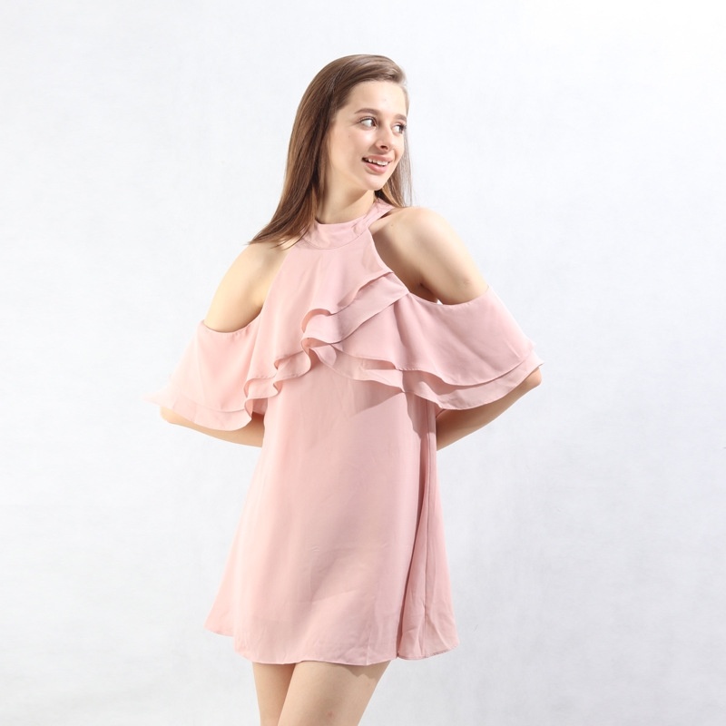 Moda Rosa Frío Hombro Vestido Midi Con Volante Frontal