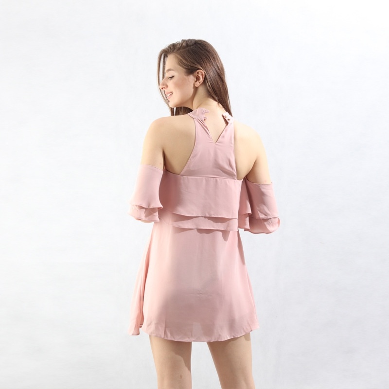 Moda Rosa Frío Hombro Vestido Midi Con Volante Frontal