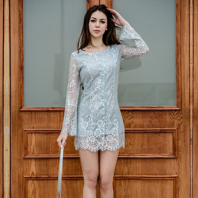 Fashion Damen Lace Long Flöte Sleeve Slim Bodycon Kleid | VoguesUs