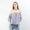 Lovely Stripe Bubble Sleeves Blouse With Decorative Neck