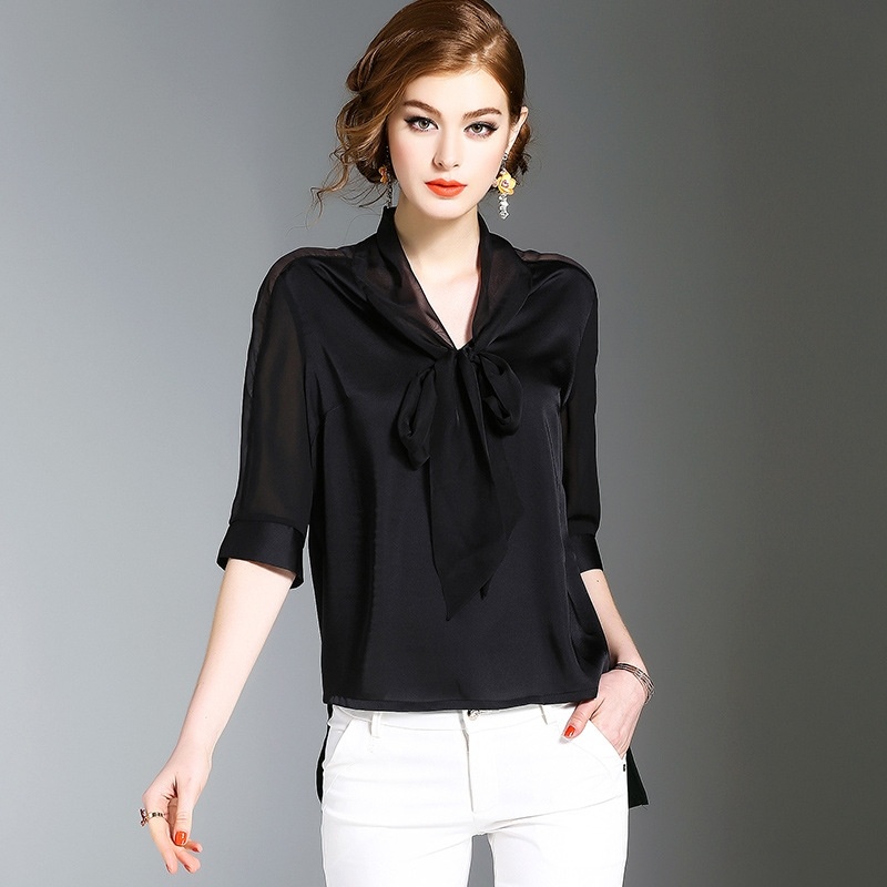 Noir Demi-Manches En Mousseline De Soie Chemise Avec Noeud Papillon Détail | VoguesUs