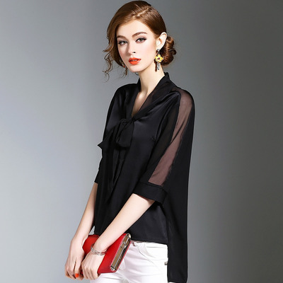 Black Half Sleeve Chiffon Shirt With Bow Tie Detail | VoguesUs