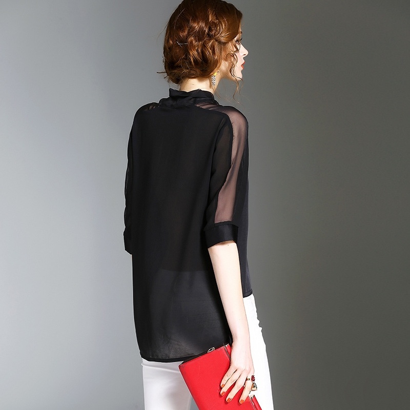 Noir Demi-Manches En Mousseline De Soie Chemise Avec Noeud Papillon Détail | VoguesUs