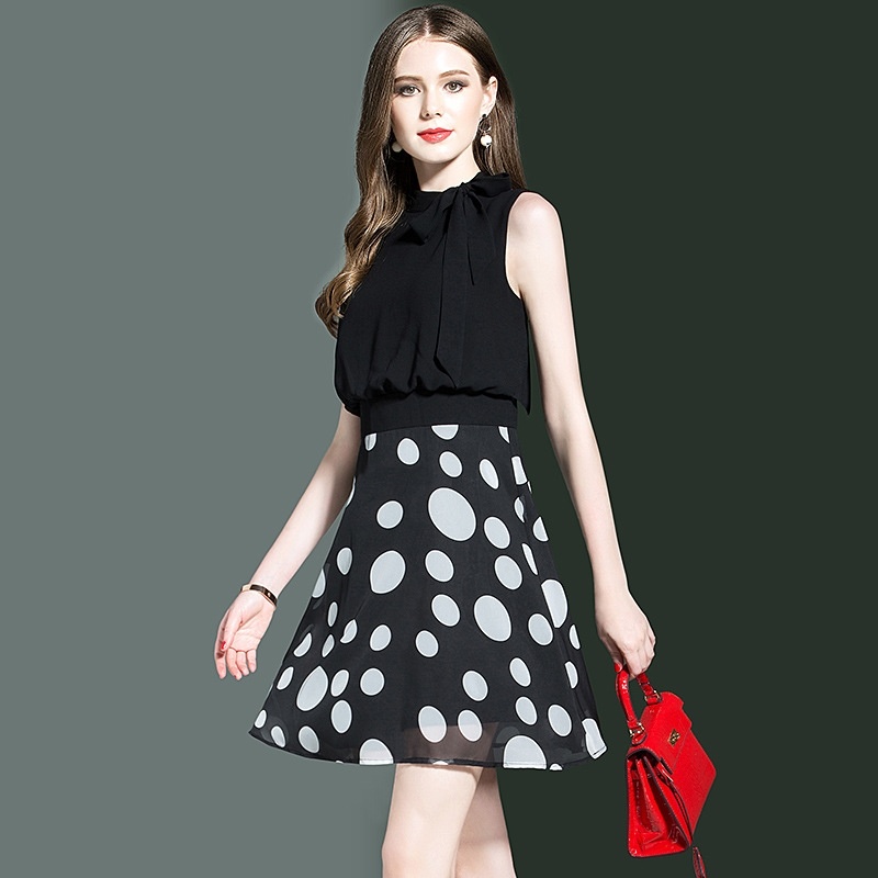 Black Chiffon Sleeveless Polka Dot Print Spliced A Line Dress |