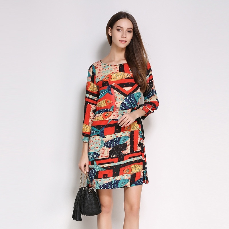 Silk 3/4 Sleeve Round Neck Colorful Print Midi Dress | VoguesUs