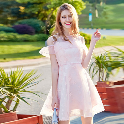 Pink Organza Cold Shoulder Round Neck Ruffle Front A Line Dress |