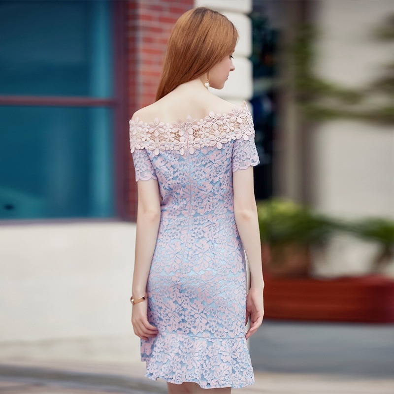 Elegant Off Shoulder Lace Fishtail Bodycon Dress With Cutwork Front |
