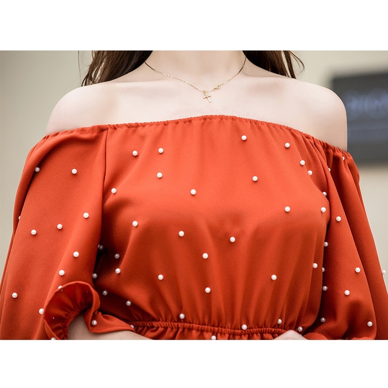 Fashion Off Shoulder Half Sleeve Ruffle Hem Dress With Dot Decorative