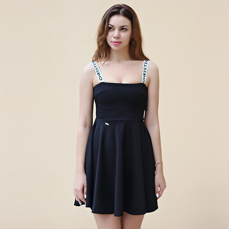 Fashion Black A Line Dress With Letter Cami Strap | VoguesUs