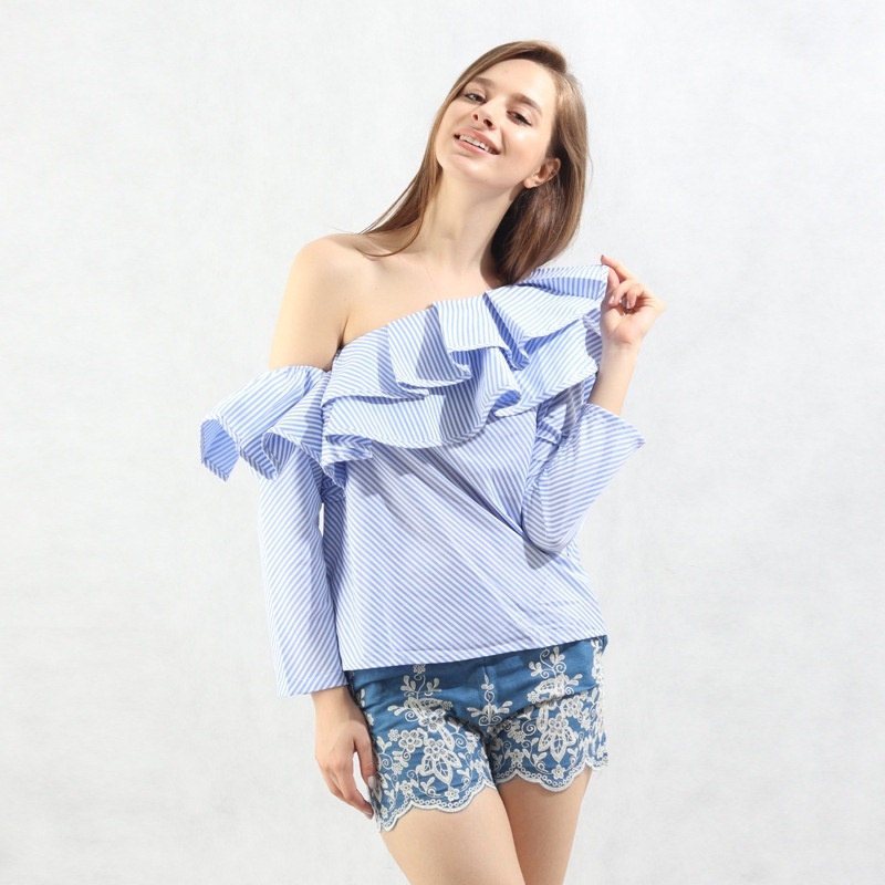 Fashion One Shoulder Asymmetric Ruffle Front Shirt | VoguesUs