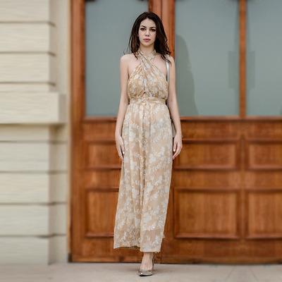 Fashion Sleeveless Deep V Neck Floral Print Maxi Dress | VoguesUs