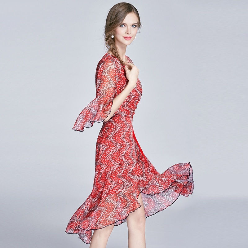 Half Sleeve V Neck Print Asymmetrical Midi Dress With Tie Detail |