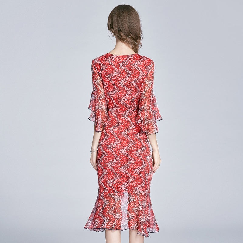 Half Sleeve V Neck Print Asymmetrical Midi Dress With Tie Detail |