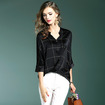 Schwarz Einfache 3/4 Sleeve Silk Shirt Mit Gesticktem Checker