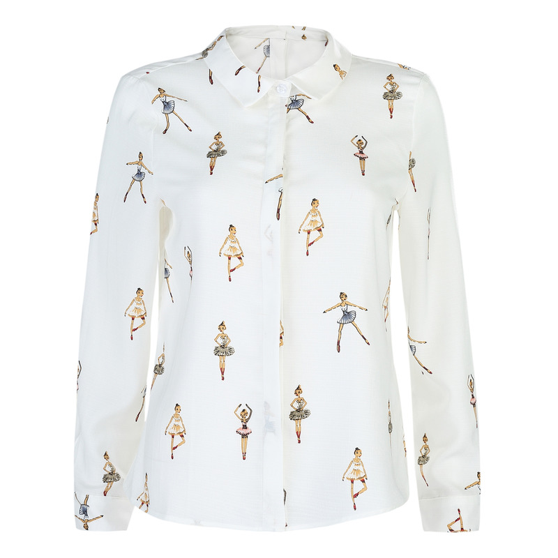 Weiße Langarm-Cartoon Mädchen Print T-Shirt | VoguesUs