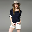 Simple Col Rond Manches Courtes Pure Soie T-shirt Avec Col contrastant